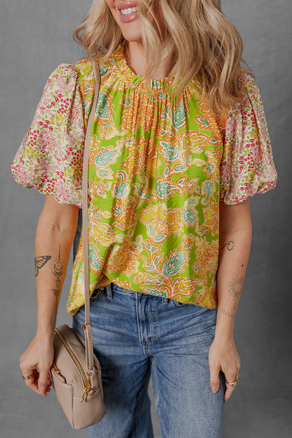 Multicolour Printed Contrast Bubble Sleeve Patchwork Blouse