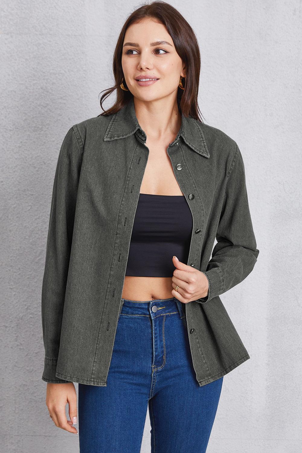 Collared Neck Button Up Denim Top Carauana Store