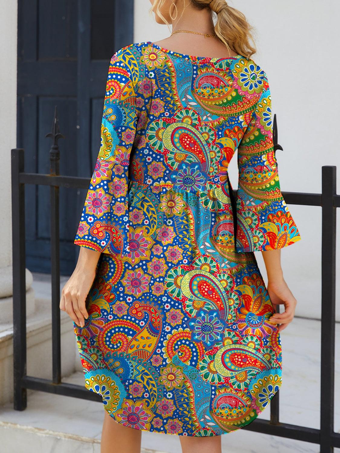 Paisley Print Round Neck Three-Quarter Sleeve Dress Carauana Store