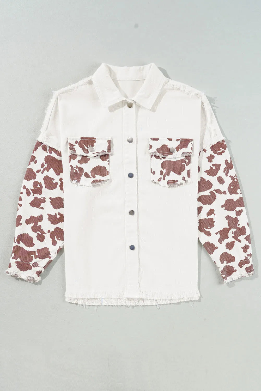 Raw Hem Animal Print Long Sleeve Denim Jacket Carauana Store