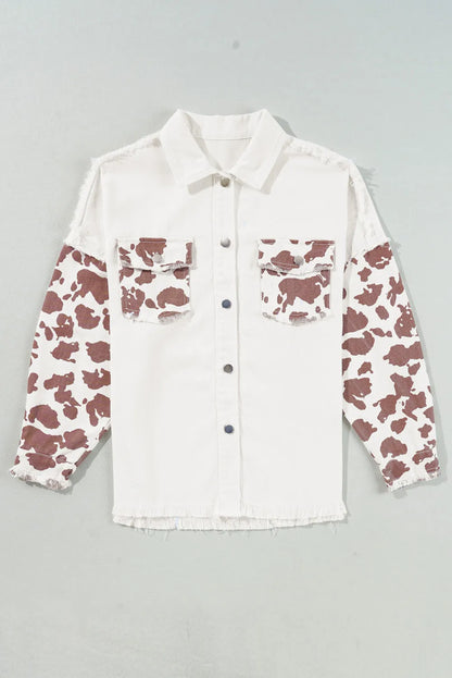 Raw Hem Animal Print Long Sleeve Denim Jacket Carauana Store