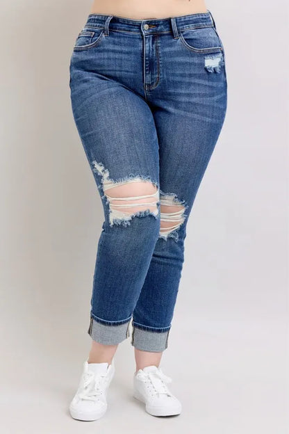 Judy Blue Full Size Mid Rise Boyfriend destroy Jeans with Yoke Pockets and Faux Selvedge Cuff Plus Size Carauana Store