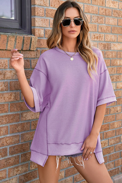 Orchid Petal Oversized Exposed Stitching High Low Half Sleeve Top