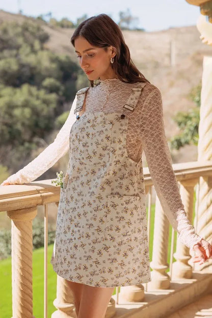 Annie Wear Stretch Ditsy Print Denim Overall Mini Dress Carauana Store