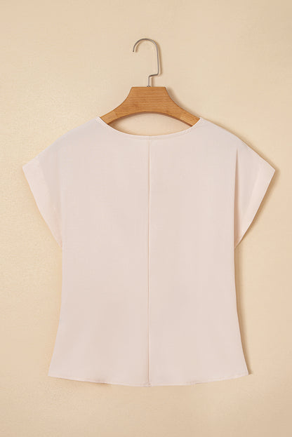 White Surplice V Neck Knotted Ruched Short Sleeve Peplum Blouse