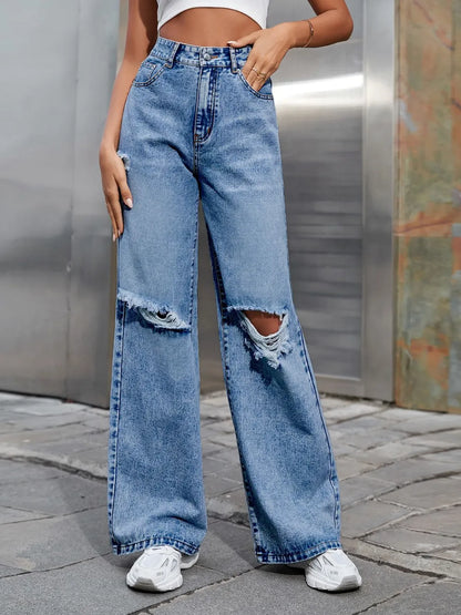 Distressed Wide Leg Jeans with Pockets Carauana Store