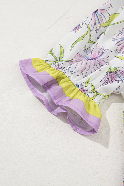 Purple Floral Print Striped Detail Split Neck Flounce Short Sleeve Peplum Blouse