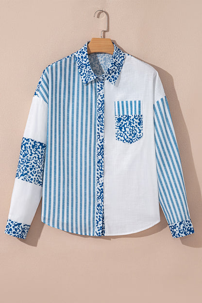 Sky Blue Leopard Striped Western Casual Shirt