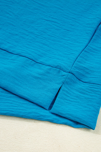 Sky Blue Frilled V Neckline Bracelet Sleeve Crinkled Blouse