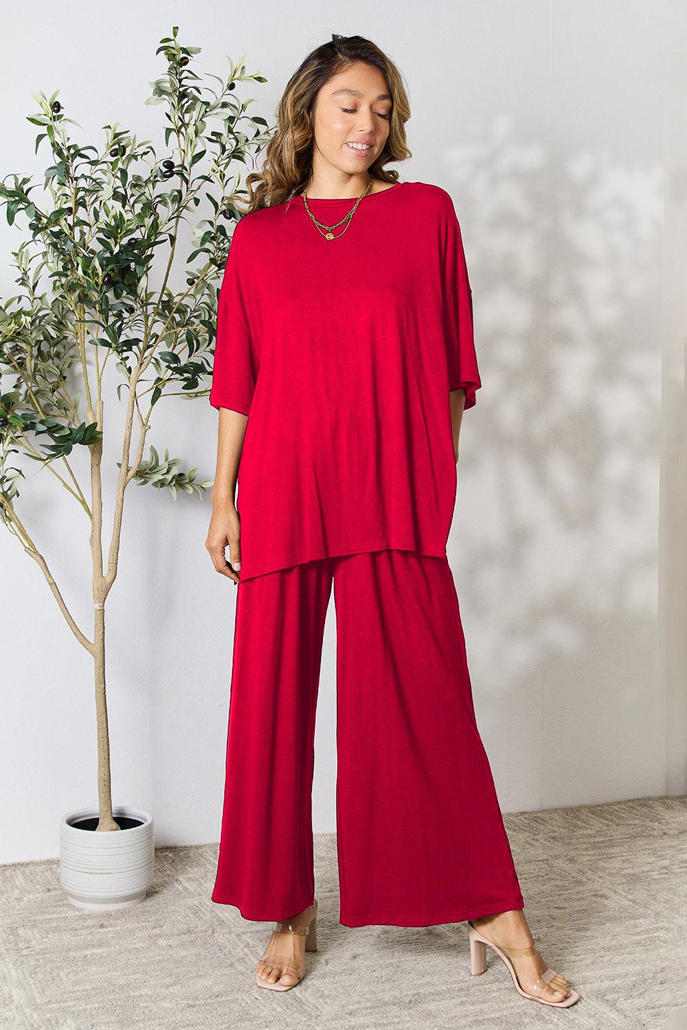 Double Take Full Size Round Neck Slit Top and Pants Set Carauana Store