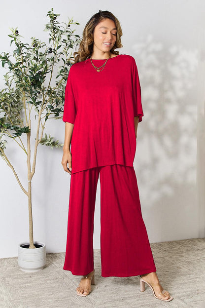 Double Take Full Size Round Neck Slit Top and Pants Set Carauana Store