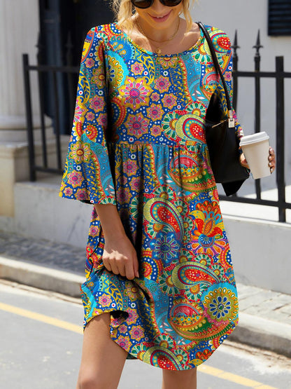 Paisley Print Round Neck Three-Quarter Sleeve Dress Carauana Store