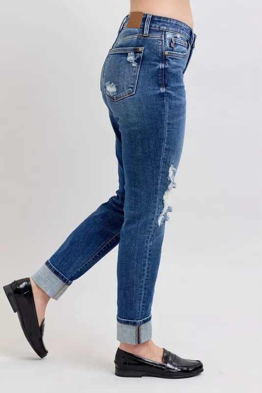 Judy Blue Full Size Mid Rise Boyfriend destroy Jeans with Yoke Pockets and Faux Selvedge Cuff Plus Size Carauana Store