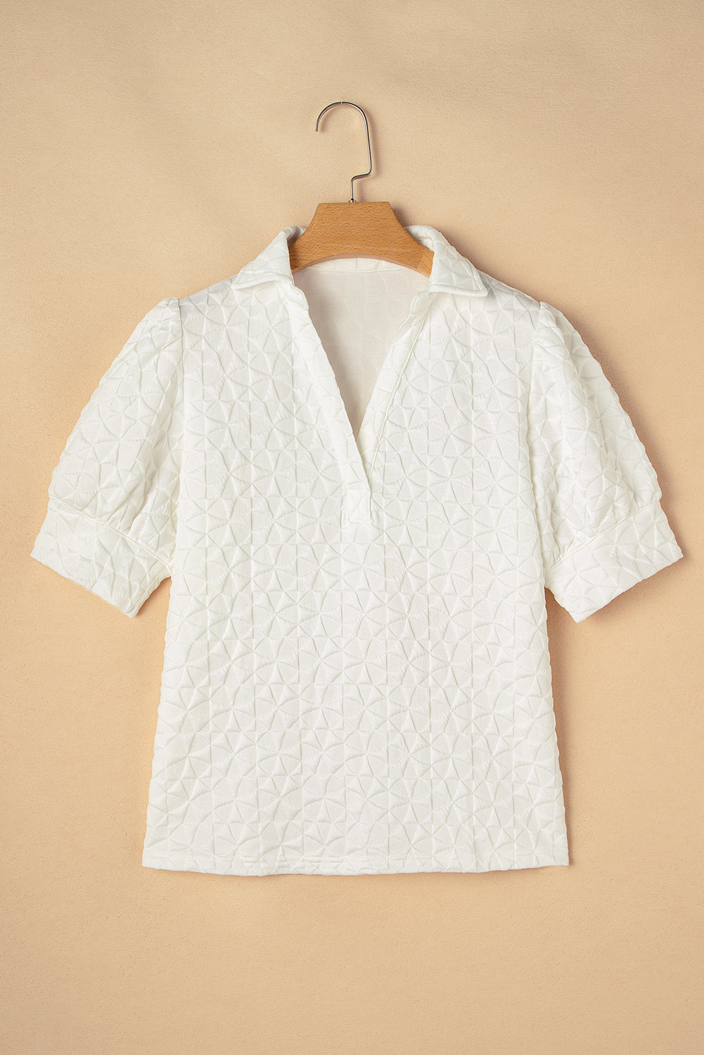 White Textured Puff Half Sleeve Collared V Neck Top