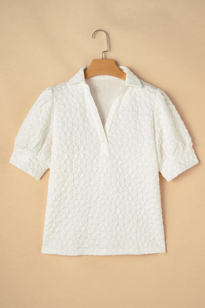 White Textured Puff Half Sleeve Collared V Neck Top