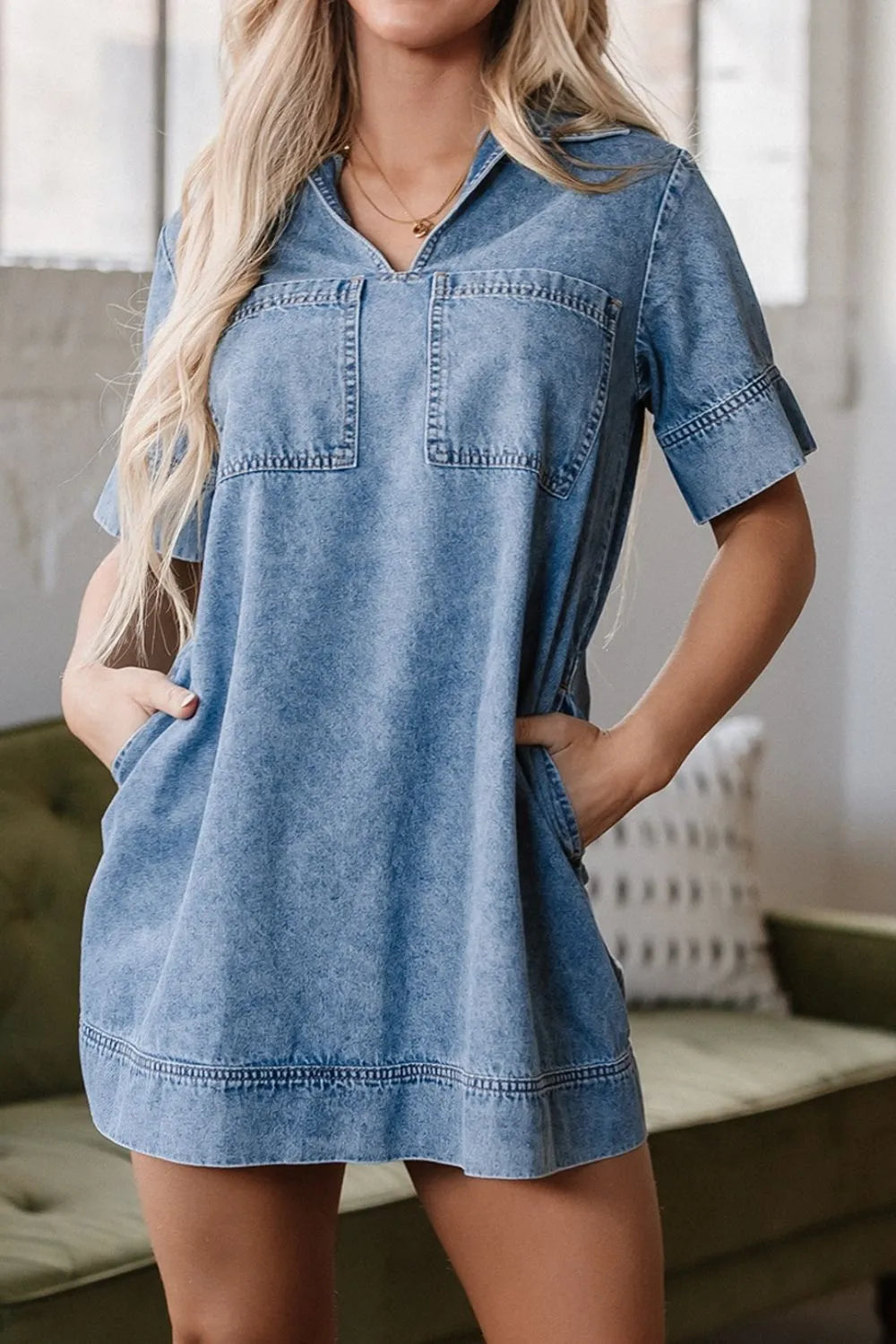 Short Sleeve Collared Patched Pocket Denim Mini Dress Carauana Store