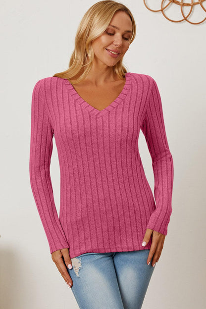Basic Bae Full Size Ribbed V-Neck Long Sleeve T-Shirt Carauana Store