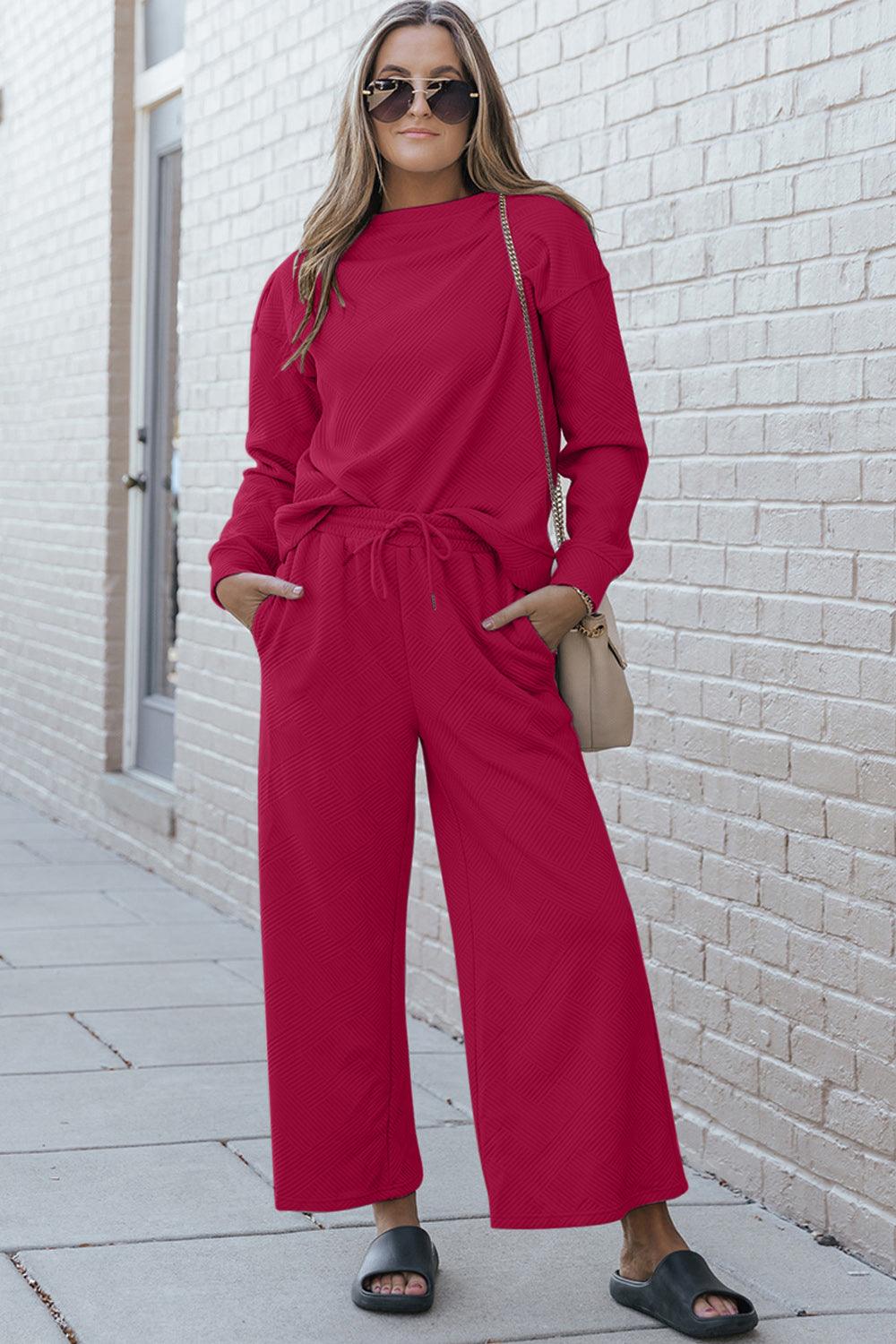 Double Take Full Size Textured Long Sleeve Top and Drawstring Pants Set Carauana Store