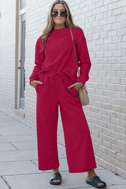 Double Take Full Size Textured Long Sleeve Top and Drawstring Pants Set Carauana Store