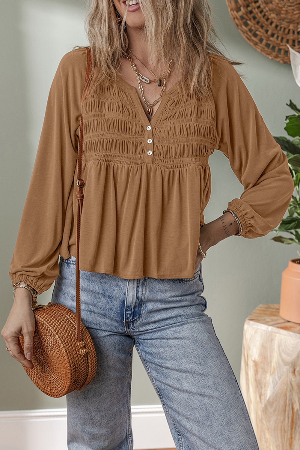 Cinnamon Smocked Bust Buttoned Split V Neck Flow Fit Blouse