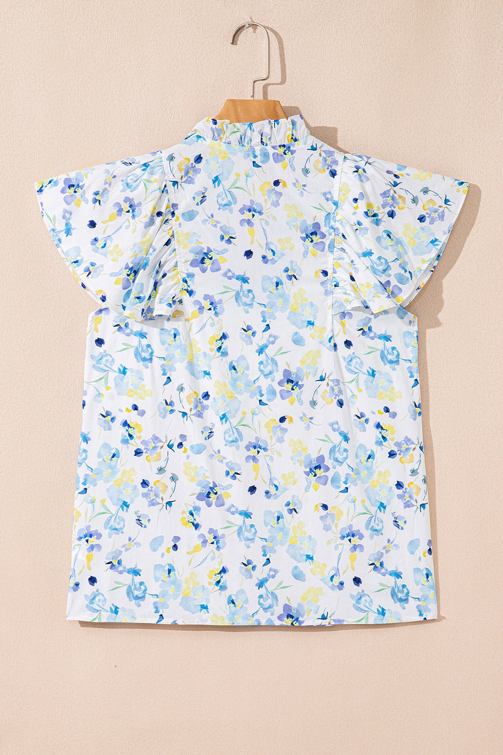 Sky Blue Floral Print Frilled Notched V Neck Blouse