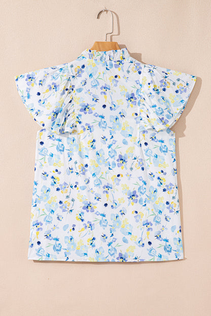 Sky Blue Floral Print Frilled Notched V Neck Blouse