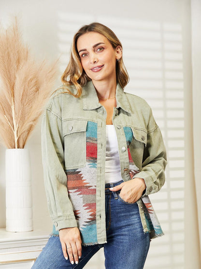 Dropped Shoulder Long Sleeve Printed Denim Jacket Carauana Store