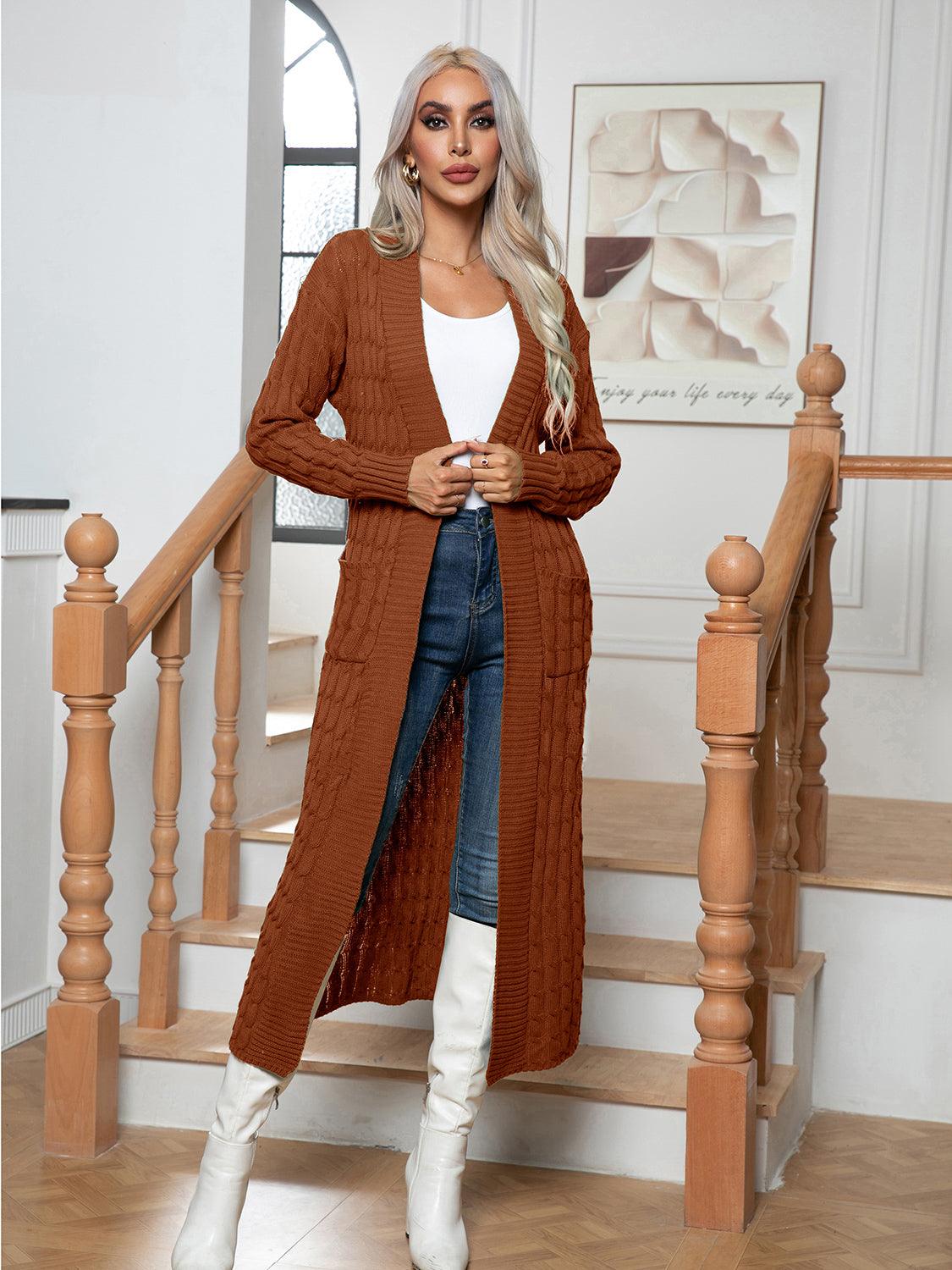 Cable-Knit Open Front Cardigan with Pockets Carauana Store