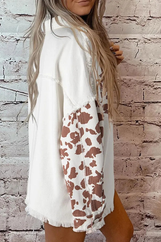 Raw Hem Animal Print Long Sleeve Denim Jacket Carauana Store
