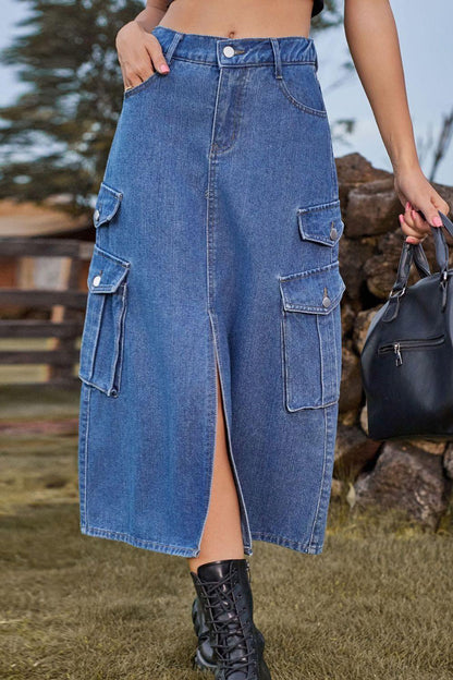 Slit Front Midi Denim Skirt with Pockets Carauana Store