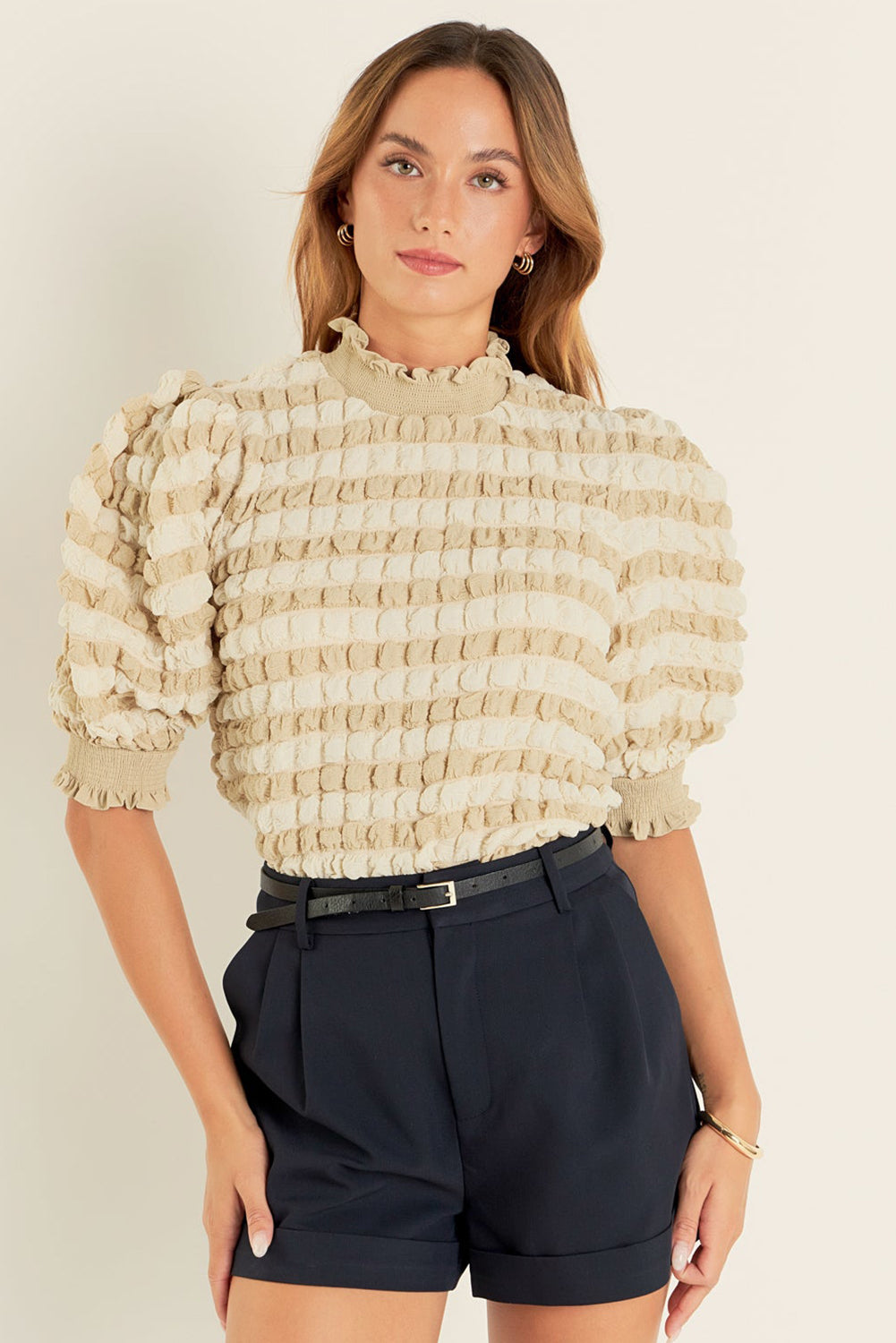 Beige Textured Mock Neck Short Sleeve Blouse