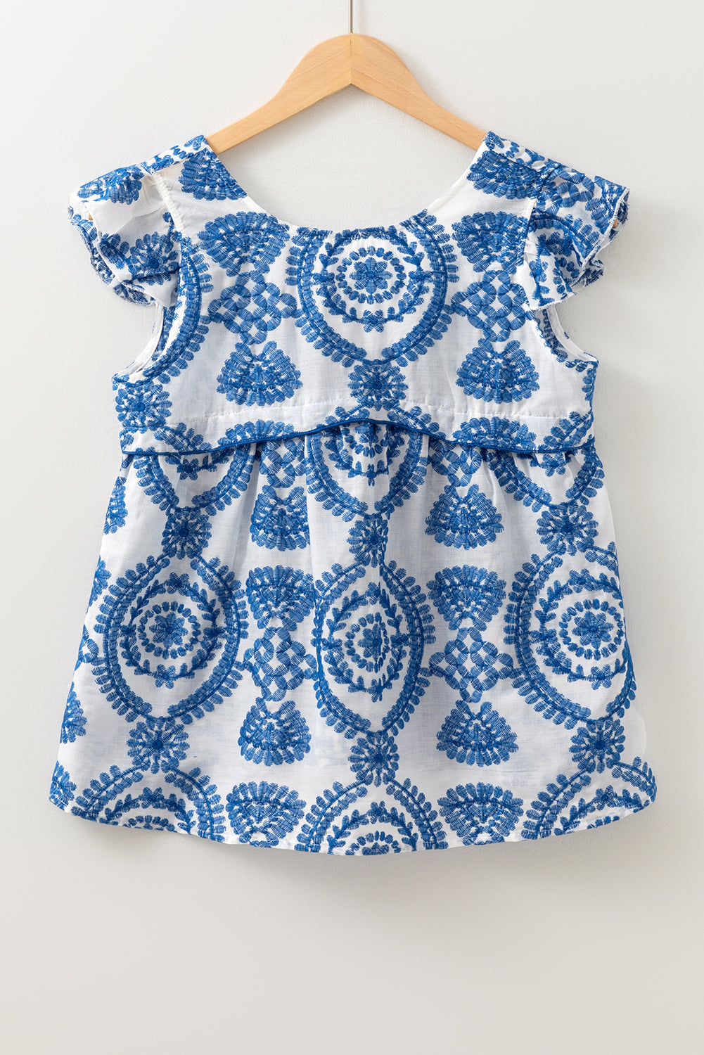 Blue Boho Print Flutter Sleeve Crew Neck Blouse