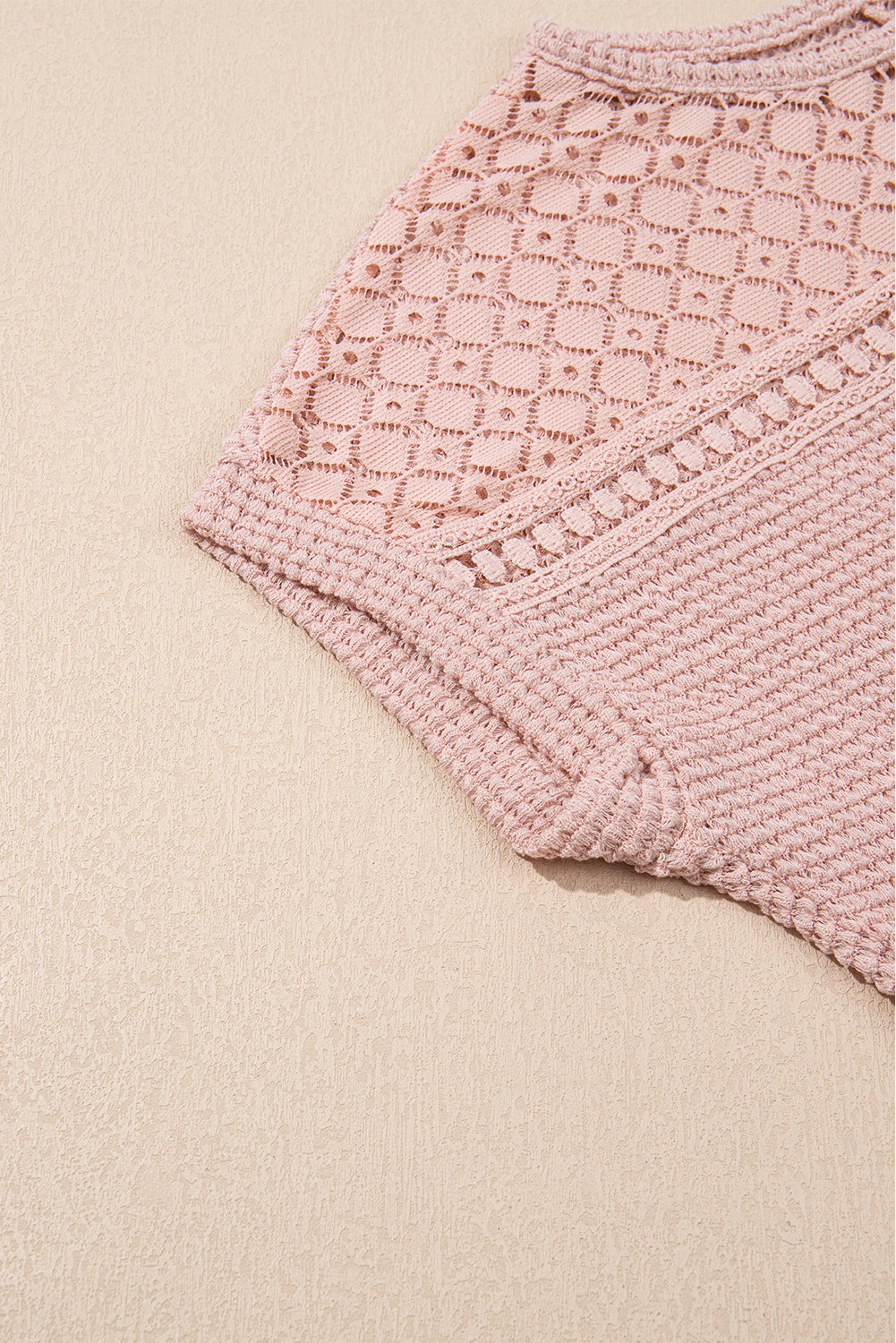 Light Pink Lace Patchwork Waffle Short Sleeve Top