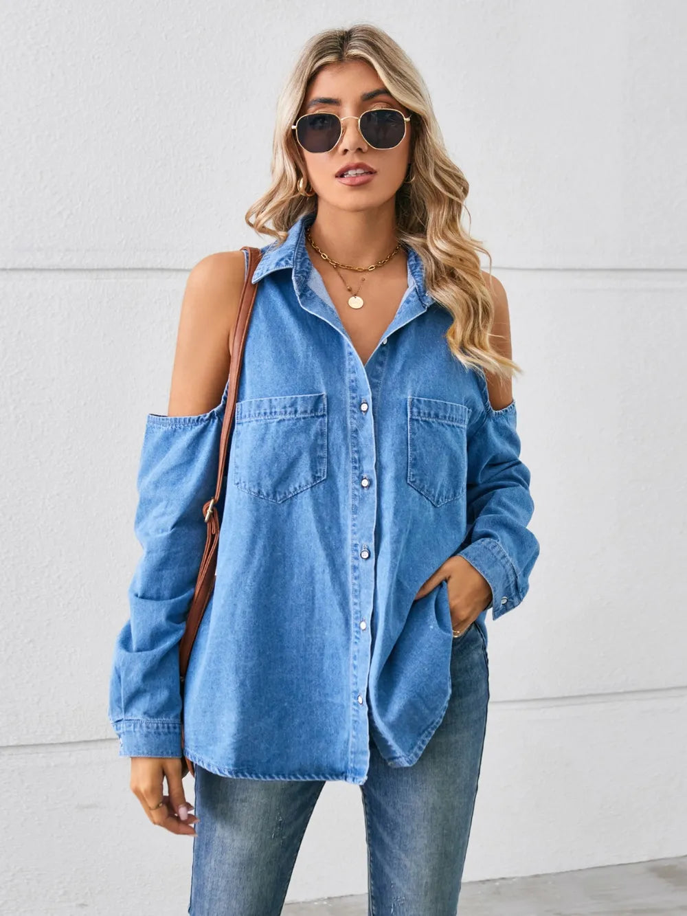 Cold Shoulder Pocketed Button Up Denim Jacket Carauana Store