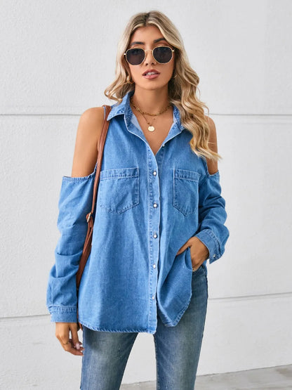 Cold Shoulder Pocketed Button Up Denim Jacket Carauana Store