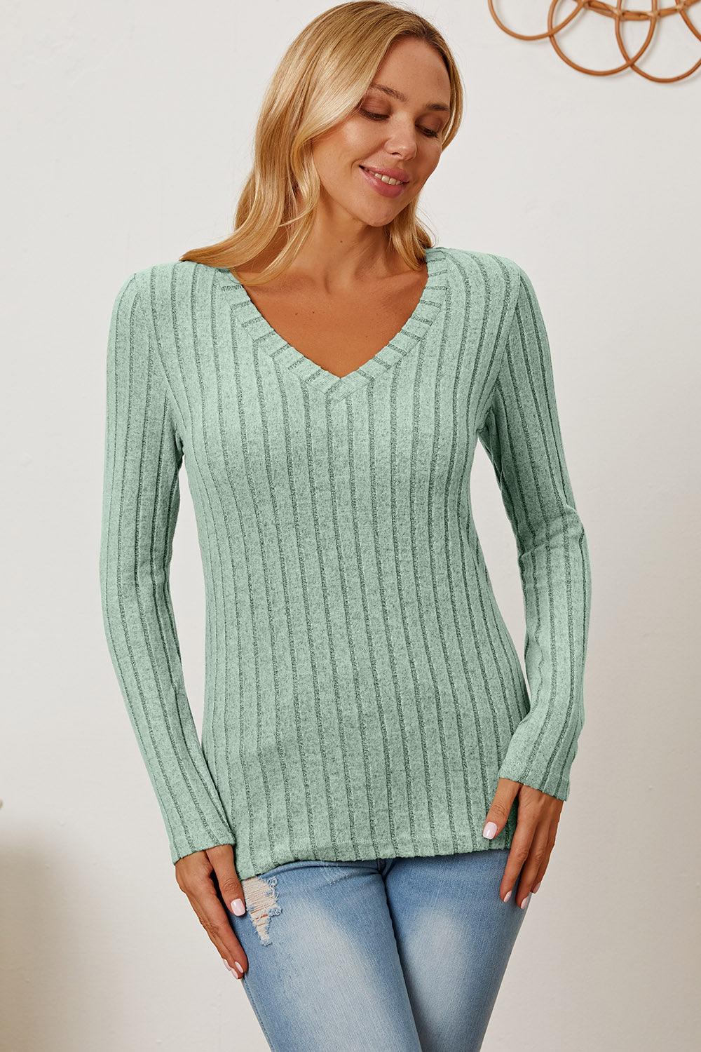 Basic Bae Full Size Ribbed V-Neck Long Sleeve T-Shirt Carauana Store