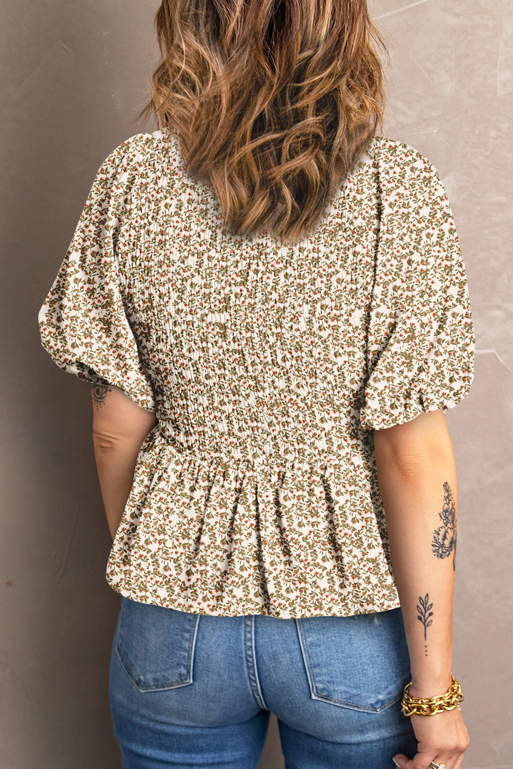 Floral Print Puff Sleeve Smocked Top