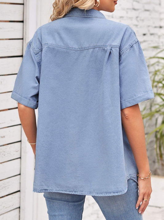 Collared Neck Short Sleeve Denim Jacket Carauana Store