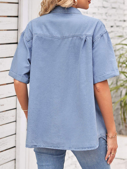 Collared Neck Short Sleeve Denim Jacket Carauana Store