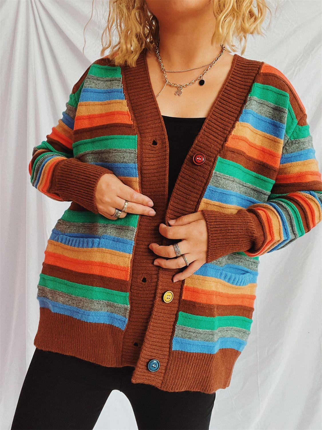 Contrast Stripes Button Up Long Sleeve Cardigan Carauana Store
