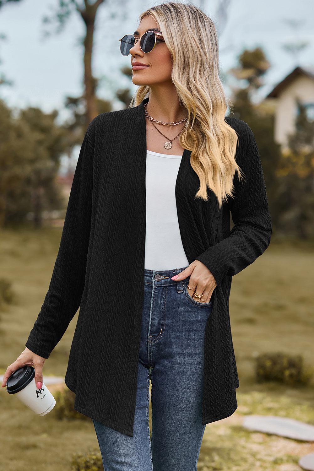 Textured Open Front Long Sleeve Cardigan Carauana Store