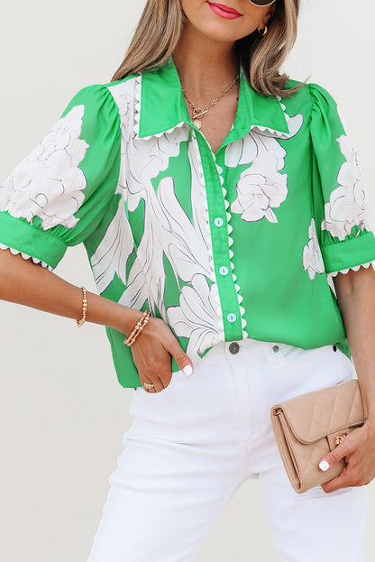 Green Floral Ric Rac Edge Puff Sleeve Button Up Summer Shirt