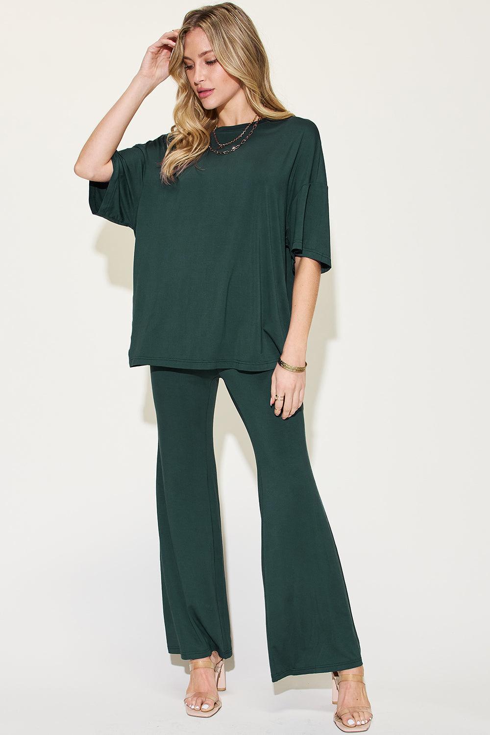 Basic Bae Full Size Bamboo Drop Shoulder T-Shirt and Flare Pants Set Carauana Store