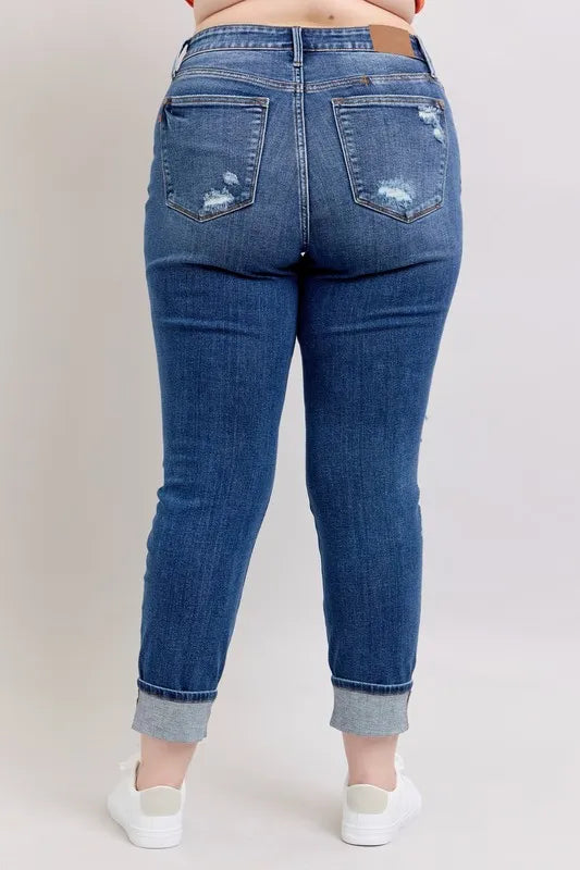 Judy Blue Full Size Mid Rise Boyfriend destroy Jeans with Yoke Pockets and Faux Selvedge Cuff Plus Size Carauana Store