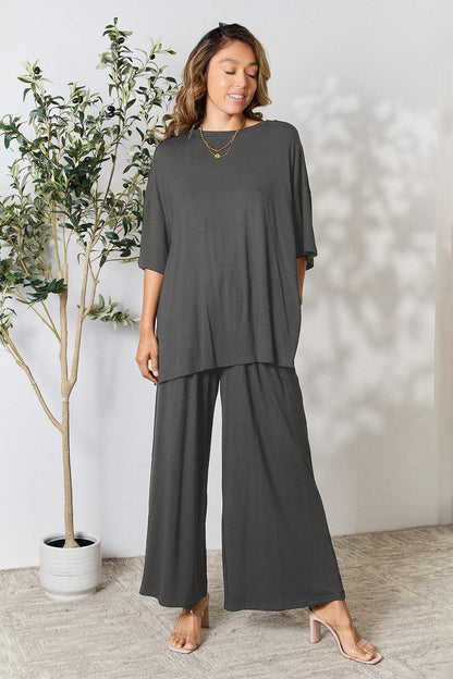 Double Take Full Size Round Neck Slit Top and Pants Set Carauana Store