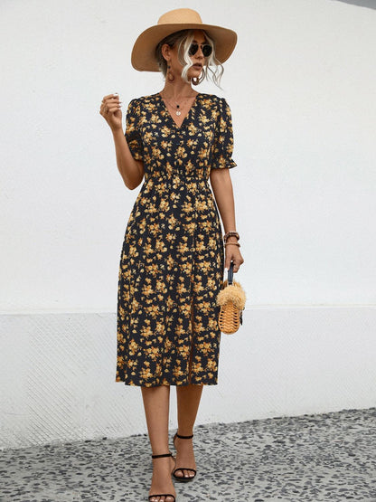 Slit Printed V-Neck Short Sleeve Dress Carauana Store