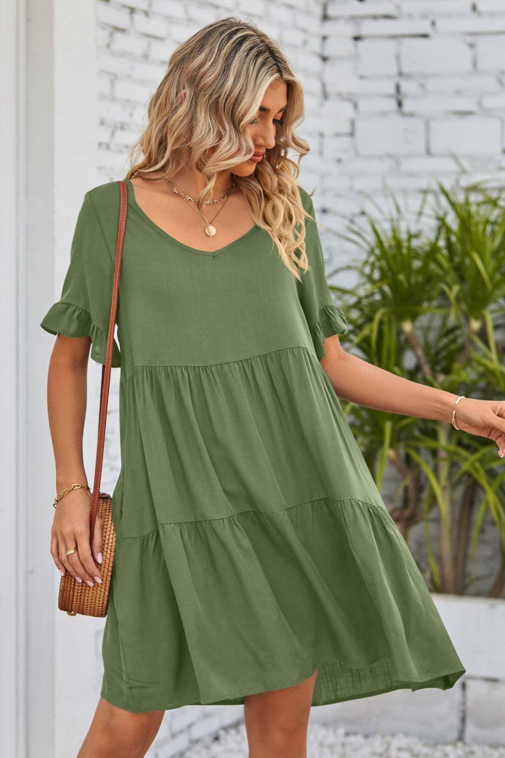 V-Neck Flounce Sleeve Tiered Dress Carauana Store