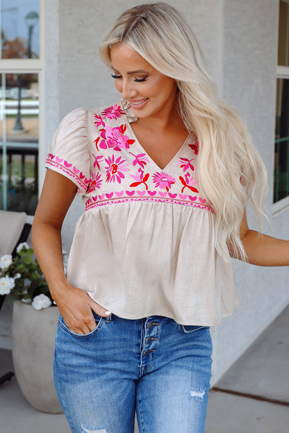 Beige Floral Embroidered Short Sleeve Notched V Neck Blouse