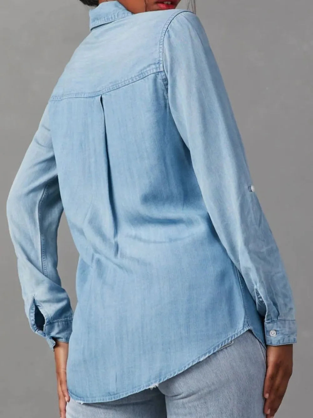Collared Neck Roll-Tab Sleeve Denim Top Carauana Store