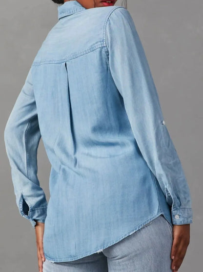 Collared Neck Roll-Tab Sleeve Denim Top Carauana Store